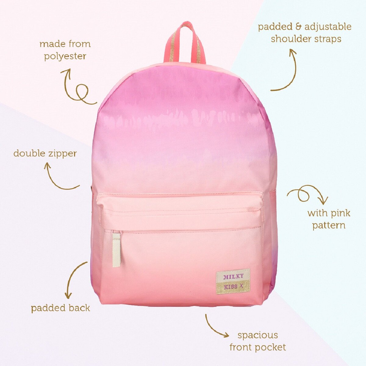 Rosa-weißer Rucksack mit Doppelreißverschluss und geräumiger Vordertasche.