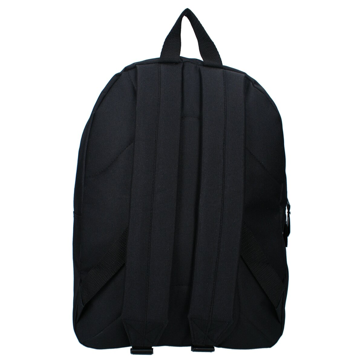 Ein schwarzer Rucksack mit zwei Schultergurten und einem Griff oben. Es ist schlicht und einfach.
