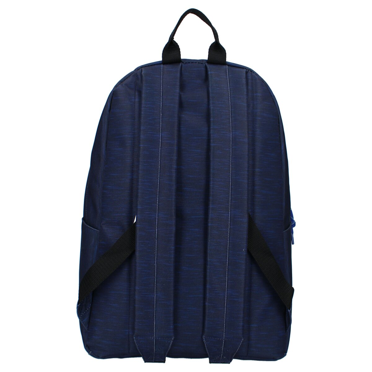 Rückansicht eines marineblauen Rucksacks. Schwarze Träger und Griff. Vertikale Linien. Einfarbiger Marinekörper.