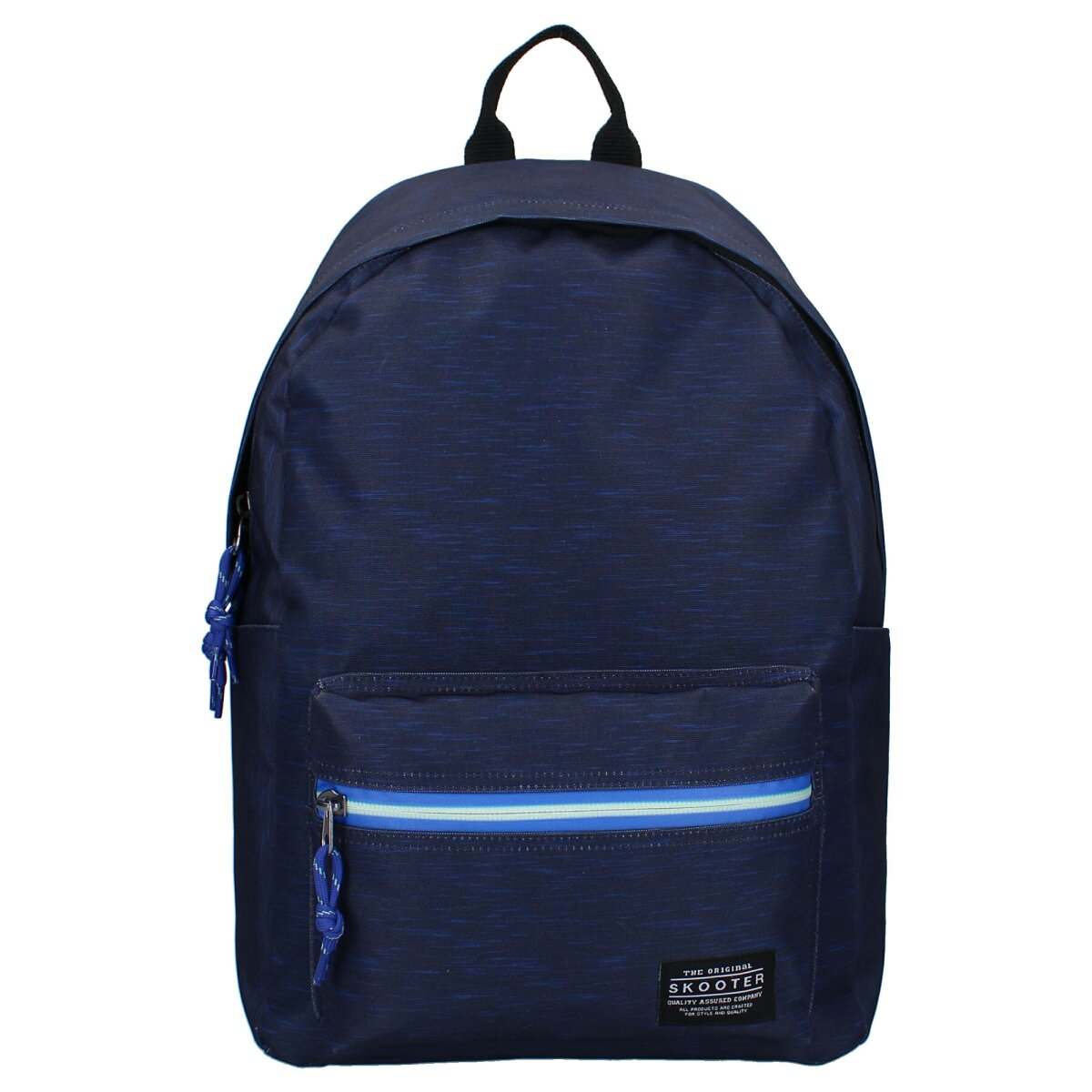 Marineblauer Rucksack mit Vordertasche und blau-weiß gestreiftem Reißverschluss.