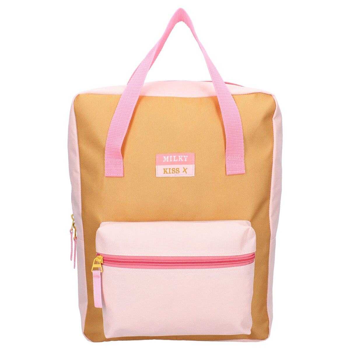 Rosa und hellbrauner Rucksack. Er hat eine Vordertasche, einen oberen Griff und rosa Träger.