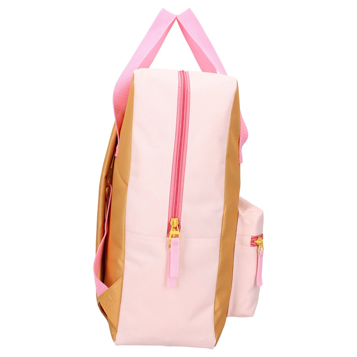 Ein rosa-goldener Rucksack mit rosa Trägern und Reißverschlüssen.
