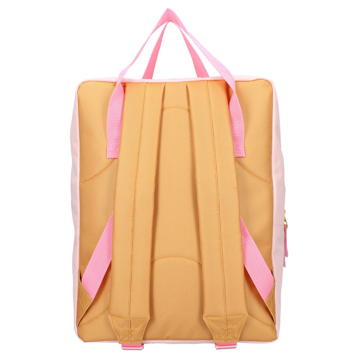 Rucksack, hellbraun mit rosa Einfassung und Trägern, Rückansicht.