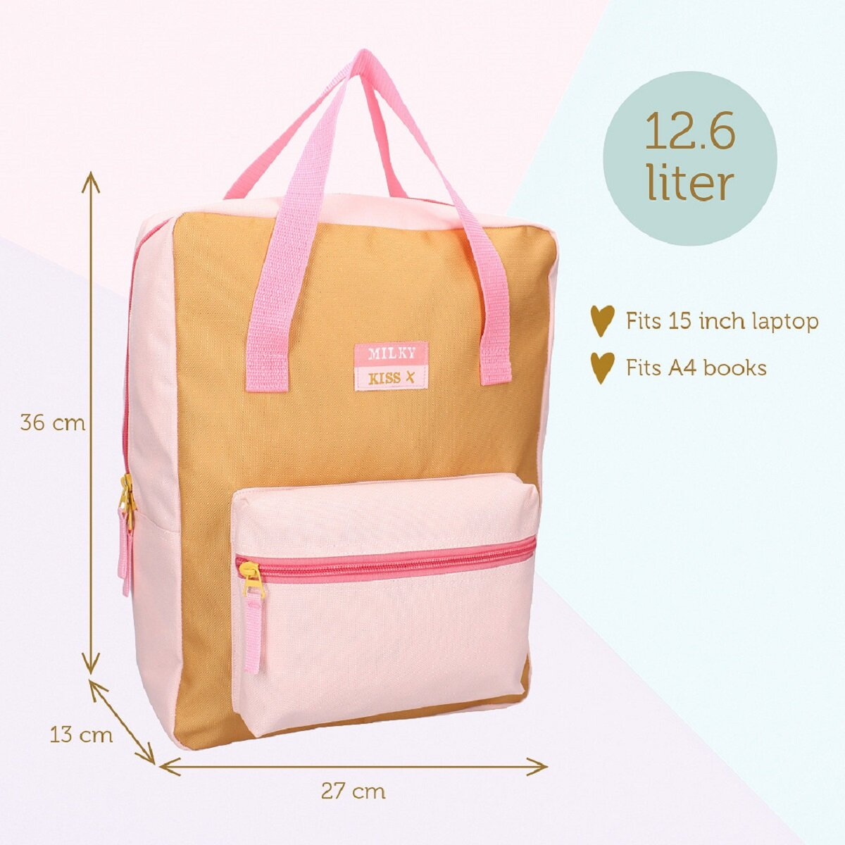 Ein rosa und beigefarbener Rucksack mit rosa Trägern. Text zeigt an, dass die Tasche 12,6 Liter fasst.