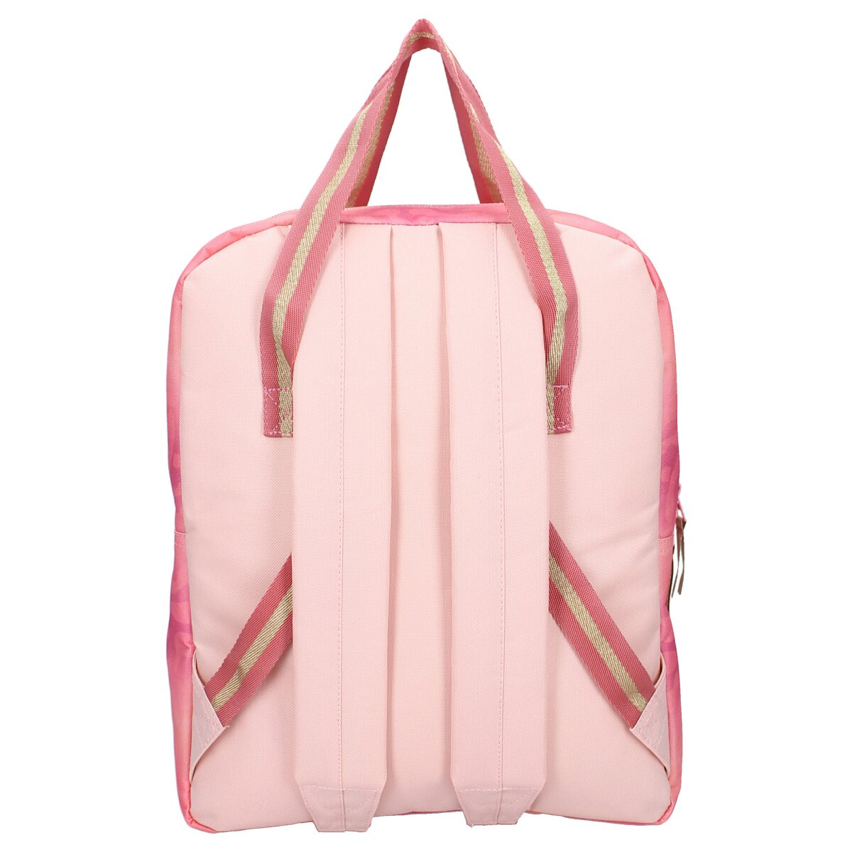 Rosa Rucksack mit rosa und goldenen Trägern, schlichtes Design, Rückansicht.