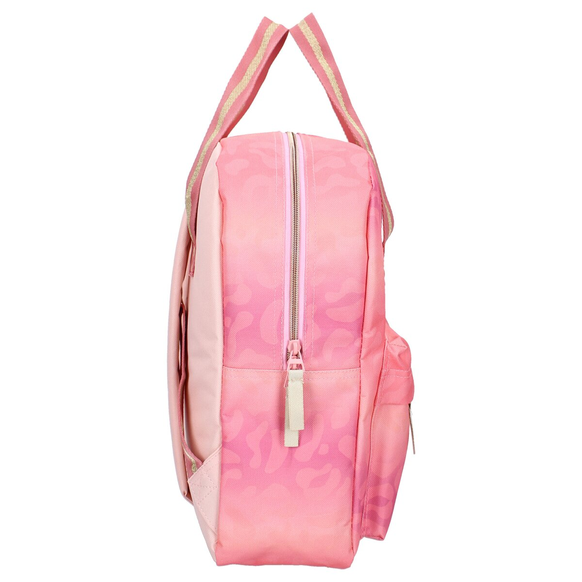 Seitenansicht eines rosa Rucksacks. Er hat einen Reißverschluss und einen Griff oben. Pink und Weiß.