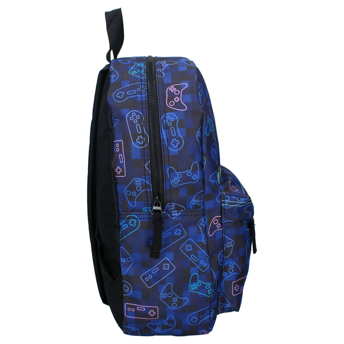 Blauer Rucksack mit Karomuster und Videospiel-Controller-Designs.