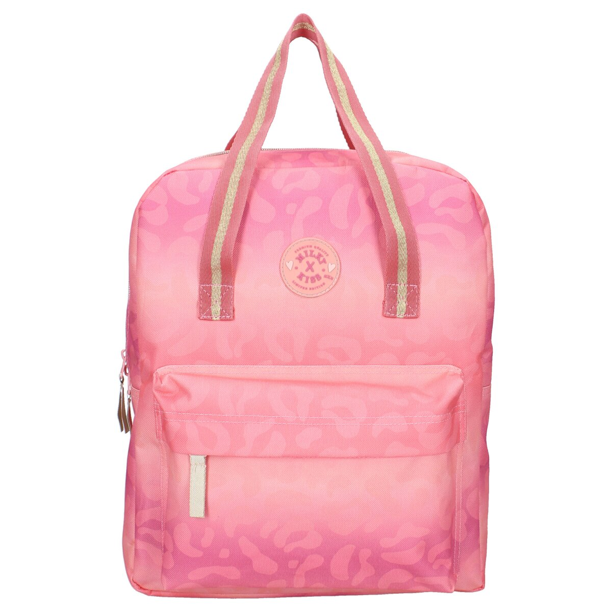 Rosa Rucksack mit hellrosa Design. Er hat eine Vordertasche und einen oberen Griff.