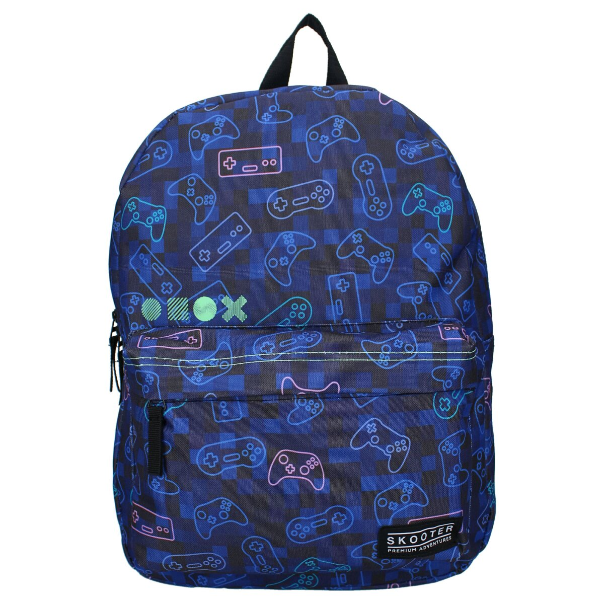 Blauer Rucksack mit Neon-Spielcontroller-Muster und Reißverschlusstaschen.