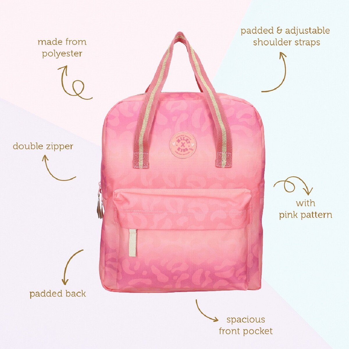 Rosa Rucksack. Rosa Muster, Doppelreißverschluss, große Vordertasche, gepolsterter Rücken, Schultergurte, Polyester.