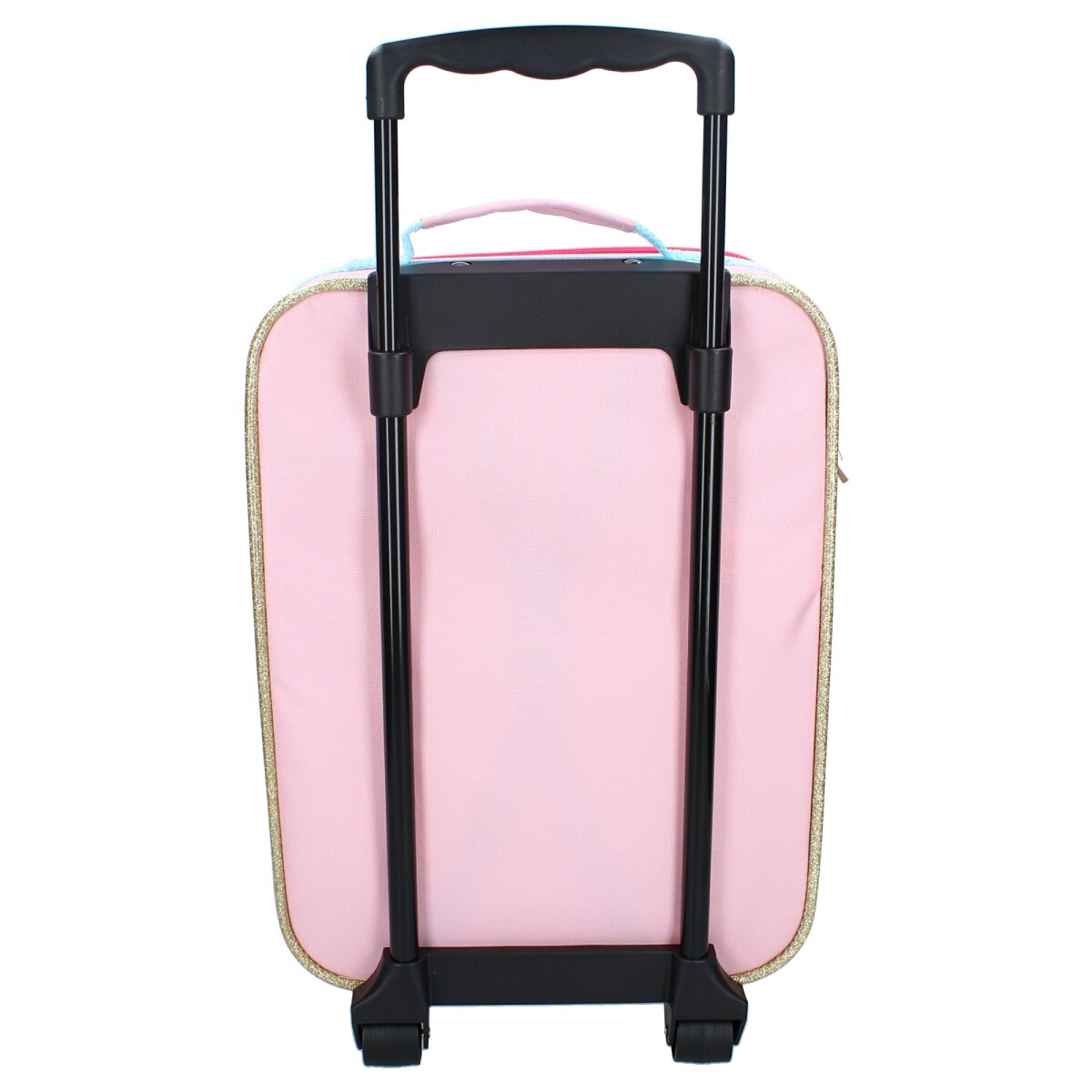 Rosa Rollkoffer mit schwarzem Griff und Rollen. Goldbesatz und Hello Kitty Design sind vorhanden.
