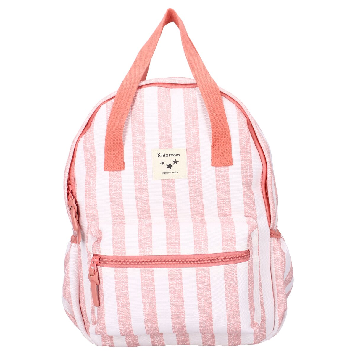 Rosa-weiß gestreifter Rucksack mit rosa Akzenten und Reißverschluss.