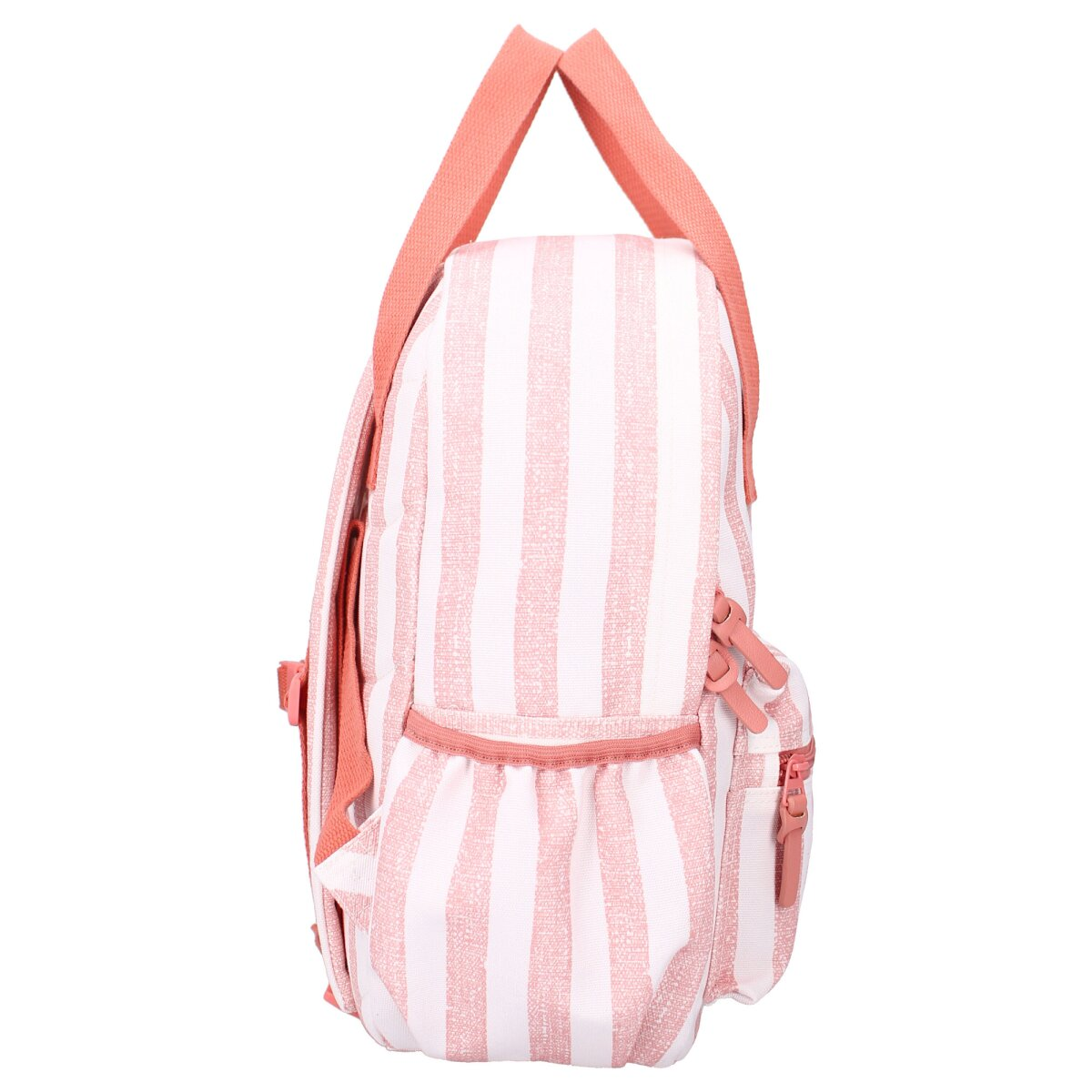 Ein rosa und weiß gestreifter Rucksack mit rosa Reißverschlüssen und Trägern. Der Hintergrund ist weiß.