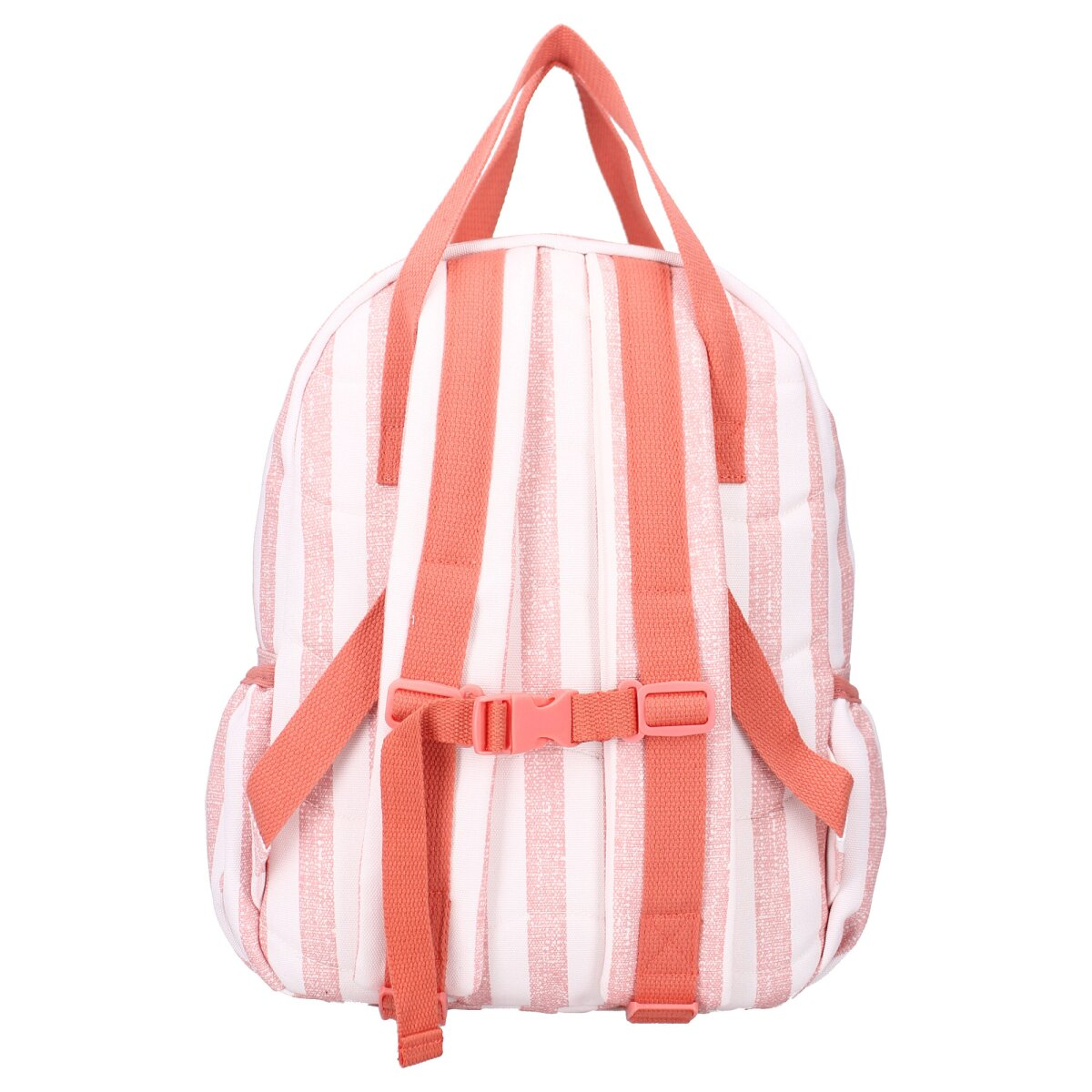 Rosa und weiß gestreifter Rucksack mit korallenfarbenen Trägern und Schnallen. Weißer Hintergrund.