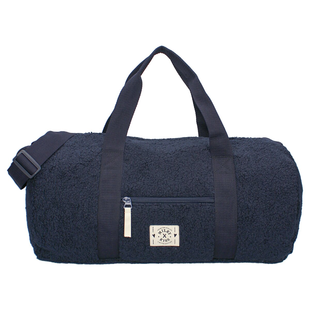 Schwarze Reisetasche mit Reißverschlusstasche und Schulterriemen. Logo vorne. Schwarze Griffe.