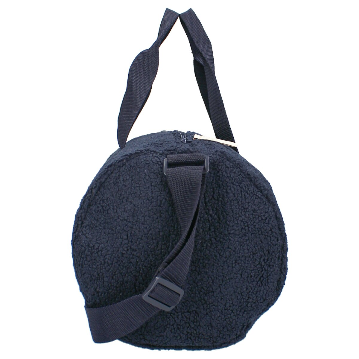 Eine marineblaue, runde Reisetasche mit Schultergurt und Reißverschluss. Die Tasche hat eine strukturierte Oberfläche.
