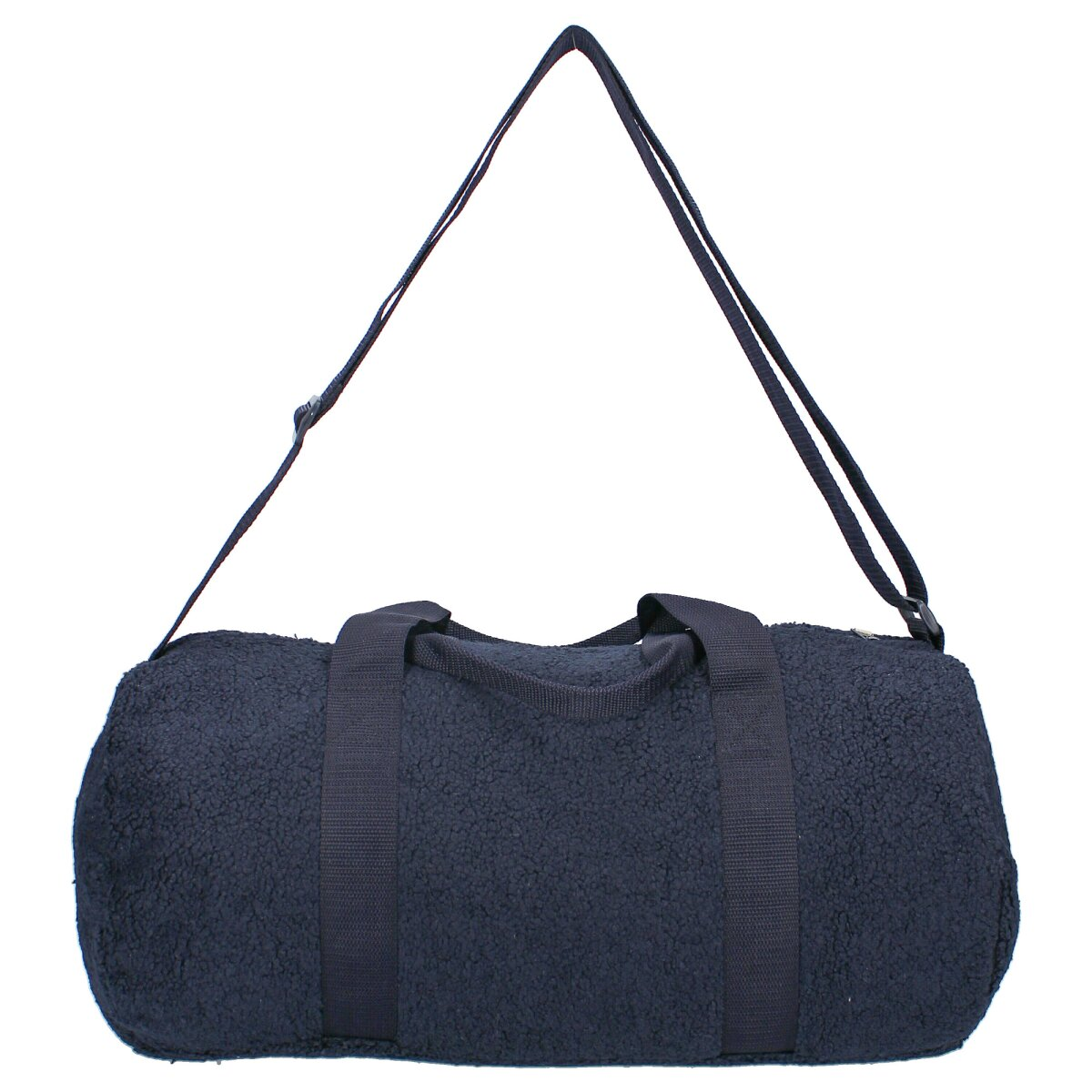 Blaue Reisetasche mit Schulterriemen. Die Tasche besteht aus einem flauschigen Material.