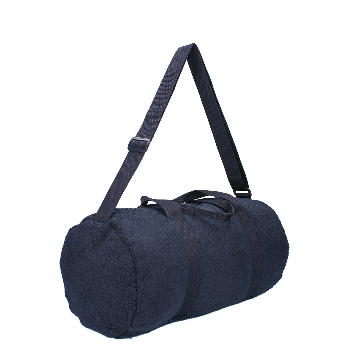 Marineblaue Reisetasche mit Schultergurt, vor weißem Hintergrund.