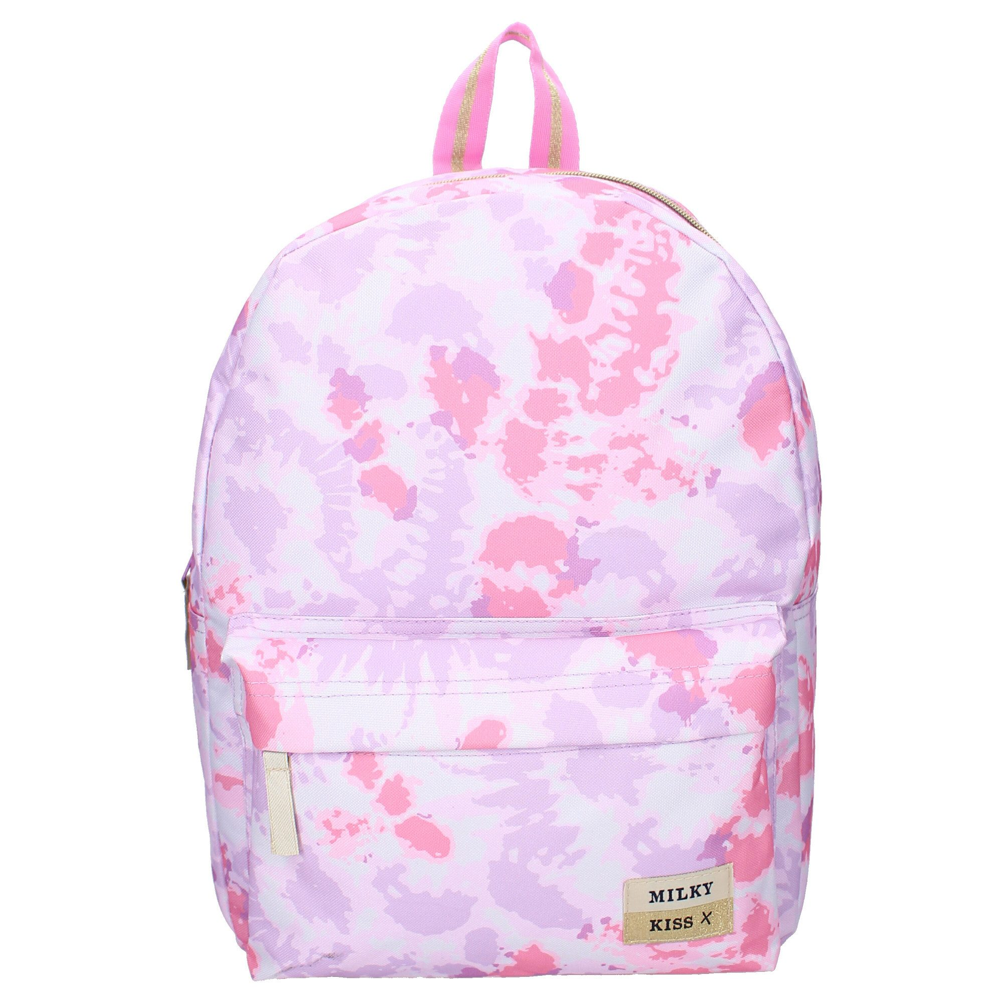 Rucksack mit Batikmuster in Pink und Lila, mit kleiner Fronttasche.