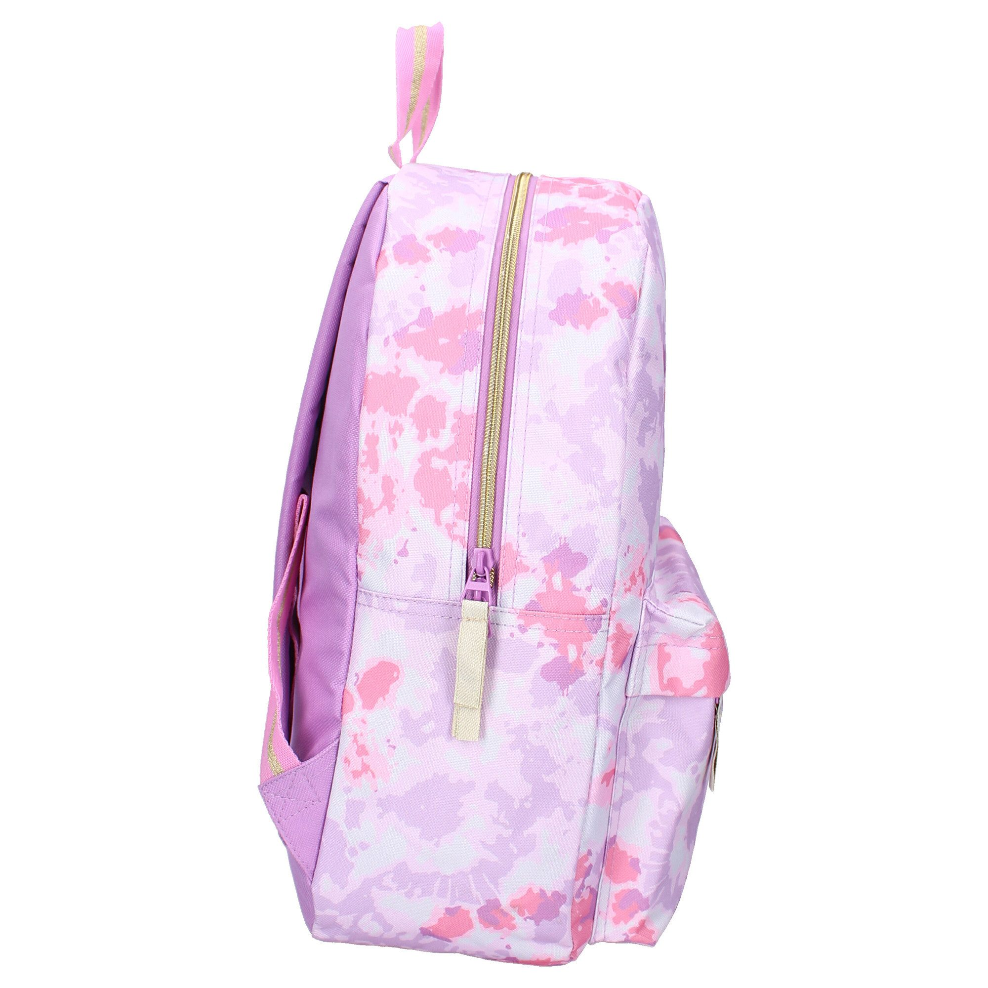 Ein pinkfarbener und lila Rucksack mit Reißverschluss und Griff.