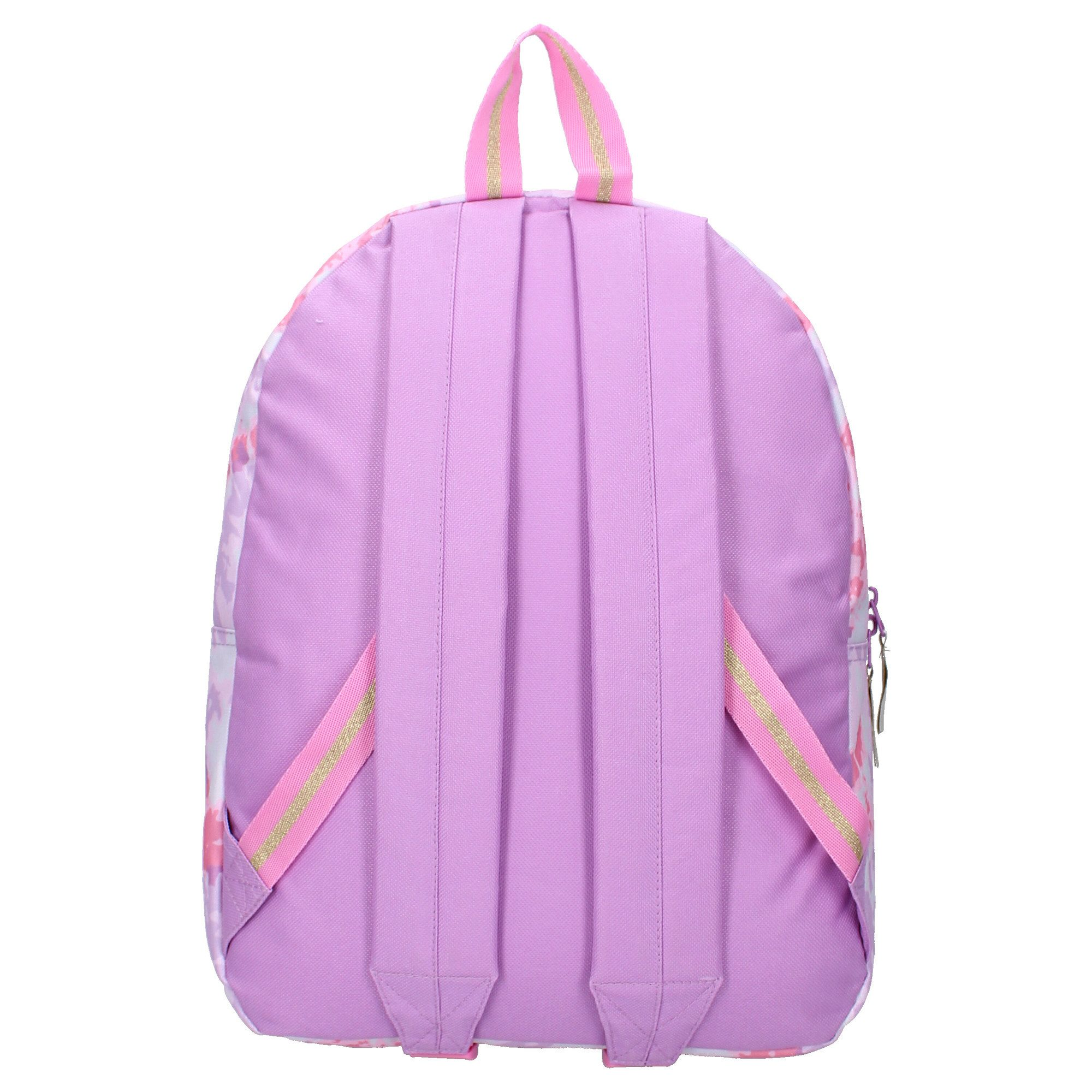 Rückseite eines pink-lila Rucksacks mit pink-gold gestreiftem Griff.