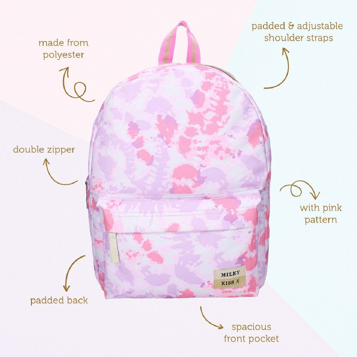 Rosa und lila Rucksack mit verschiedenen Merkmalen: Doppelreißverschluss, gepolsterter Rücken und eine Vordertasche.
