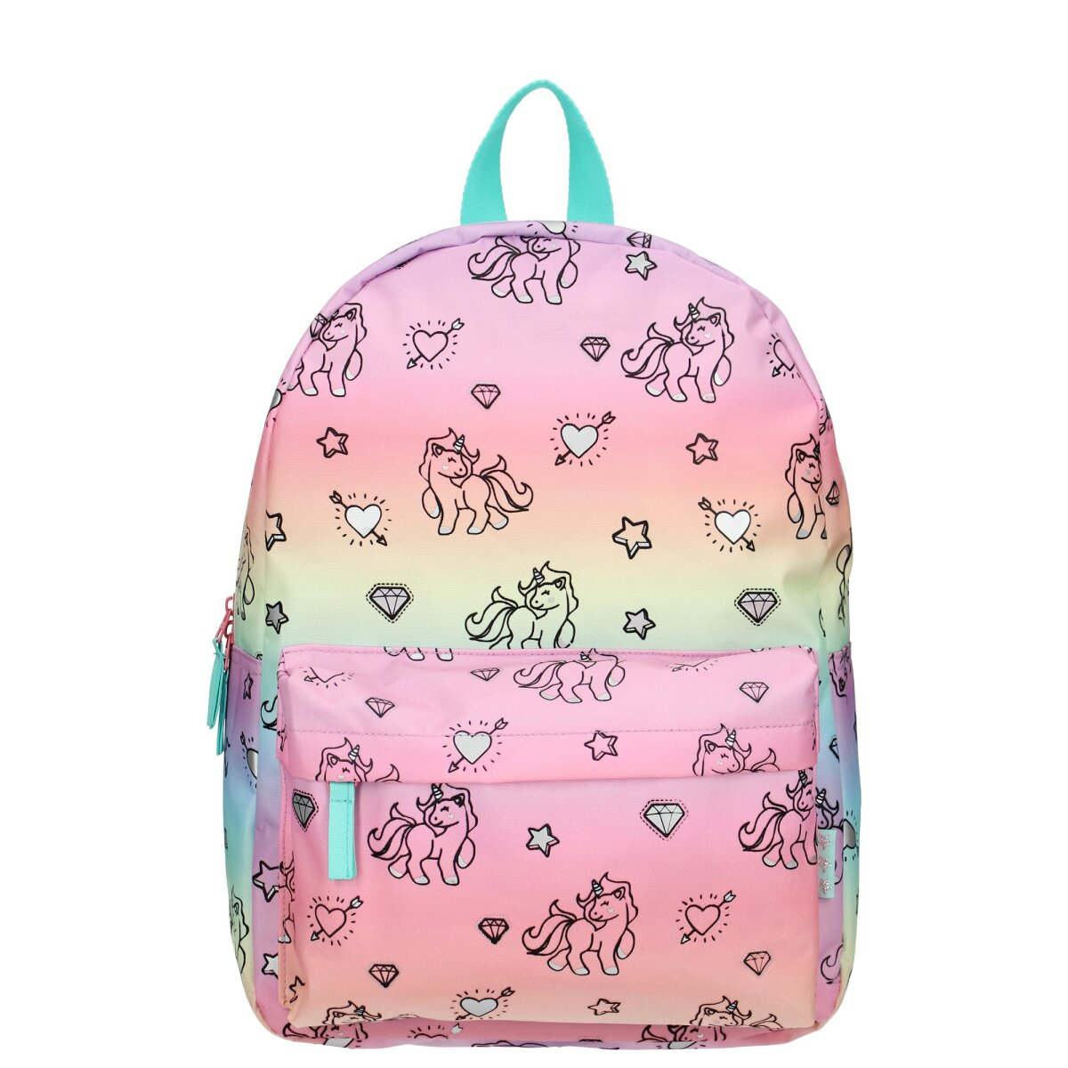 Rosa Rucksack mit Einhorn-Muster. Die Tasche hat einen türkisfarbenen Griff und eine kleine Vordertasche mit Reißverschluss.