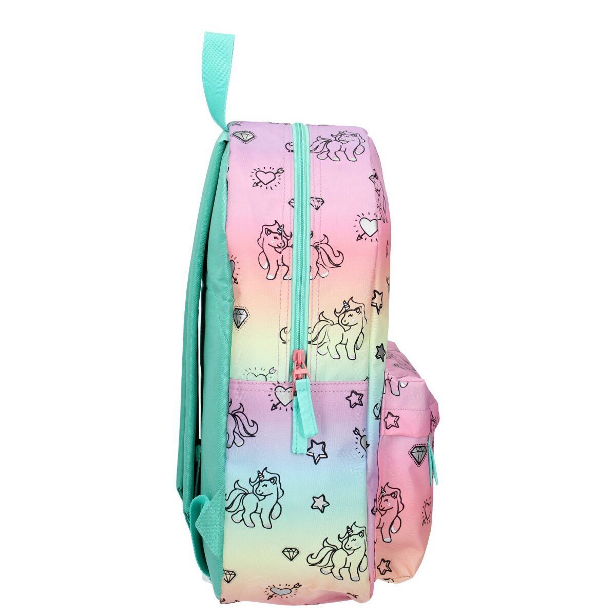 Seitenansicht eines bunten Rucksacks mit Einhörnern, Herzen und Sternen. Mintgrüne Träger und Reißverschluss.