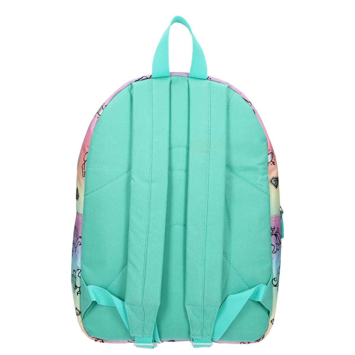 Rucksack mit Einhorn-Muster, hellblaue Träger und mintgrüner Rückseite. Weißer Hintergrund.