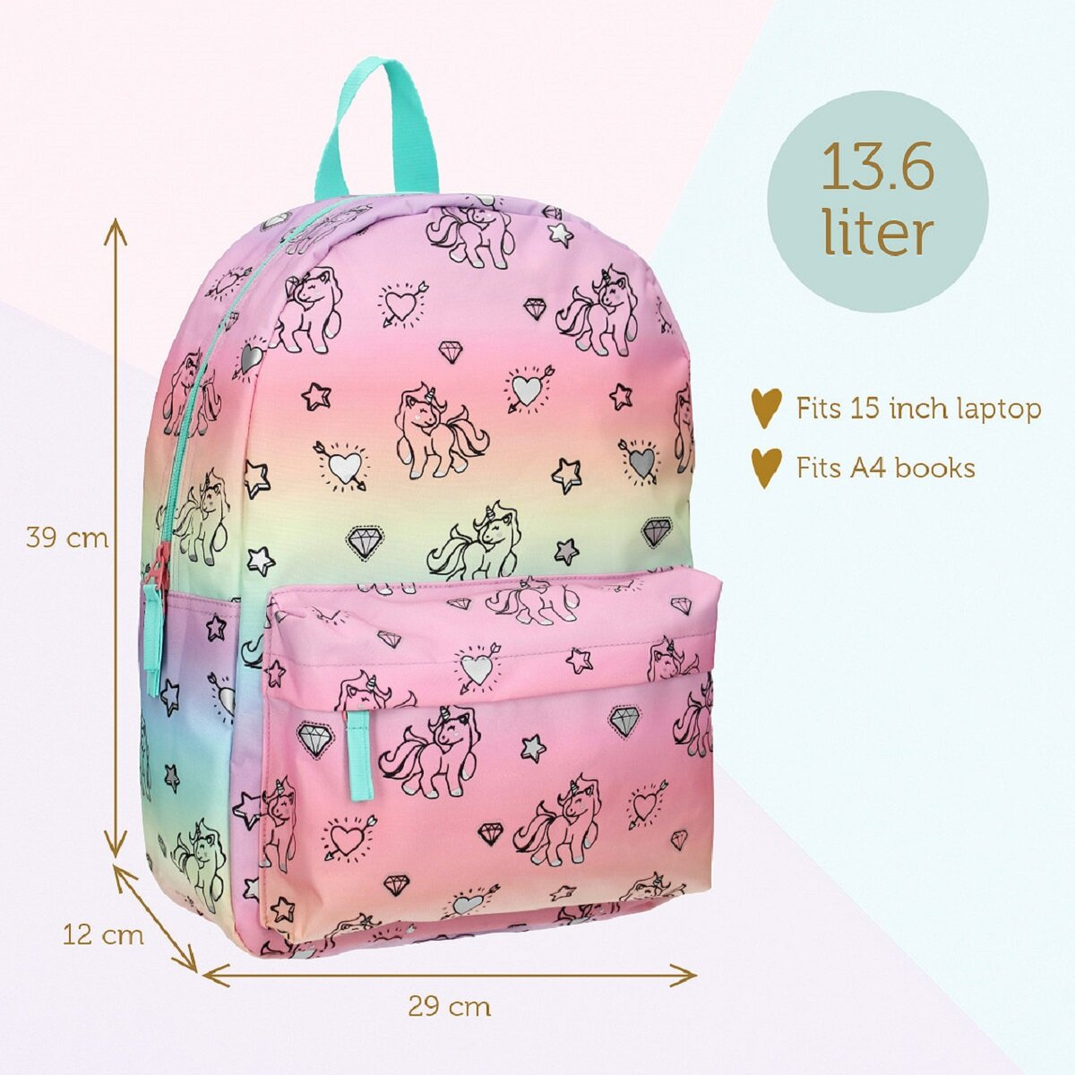 Ein bunter Rucksack mit Einhörnern und Herzen, mit Abmessungen und Text: 13,6 Liter, passt für 15-Zoll-Laptop und A4-Bücher.
