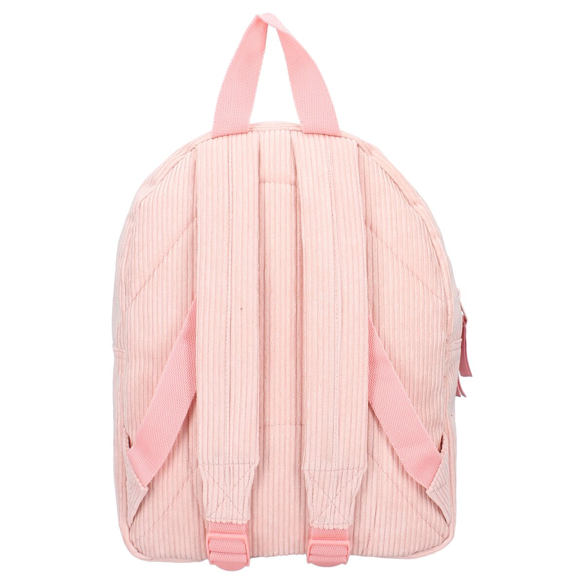 Rosa Cord-Rucksack. Hat zwei Schultergurte und einen kleinen oberen Griff.