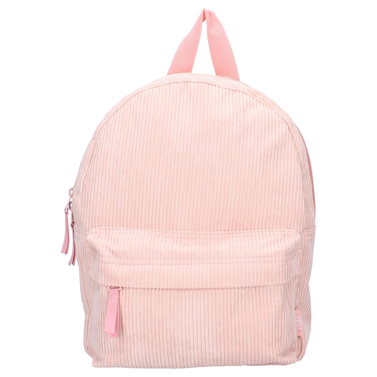 Rosa Cord-Rucksack. Vordertasche und Reißverschlüsse. Hellrosa Farbe.