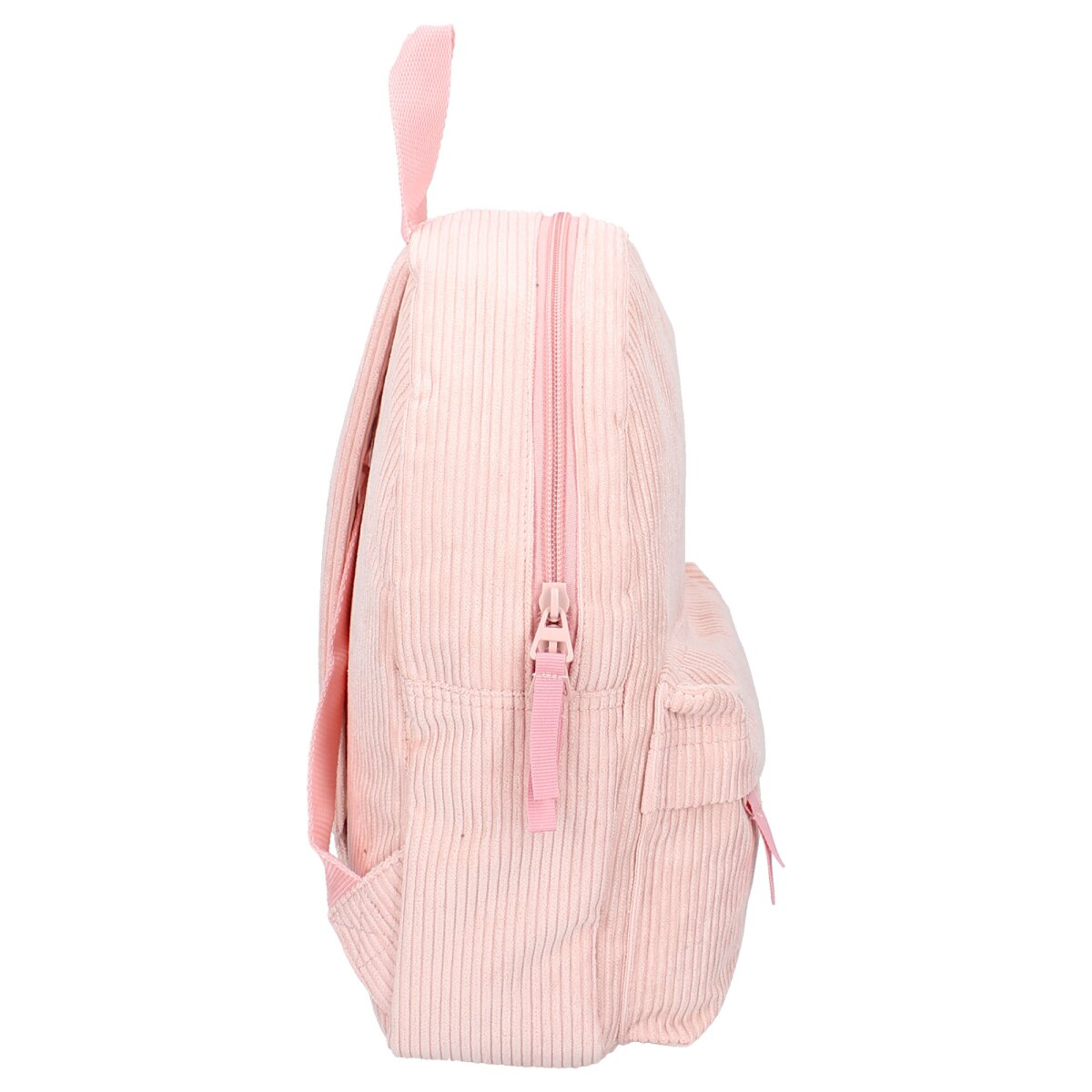 Profilansicht eines rosa Cordrucksacks. Er hat einen rosa Reißverschluss, eine kleine Tasche und einen oberen Griff.