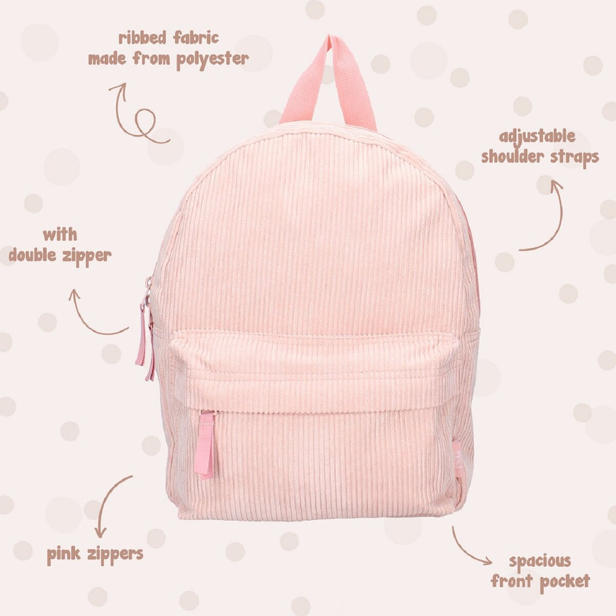 Ein rosa Rucksack mit Doppelreißverschlüssen, rosa Reißverschlüssen, einer Vordertasche und verstellbaren Schultergurten.