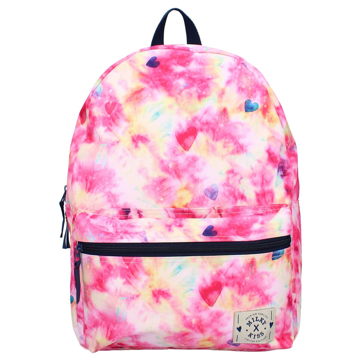 Pinkfarbener Batik-Rucksack mit Herzen. Herzen und ein Aufnäher mit Text sind sichtbar.