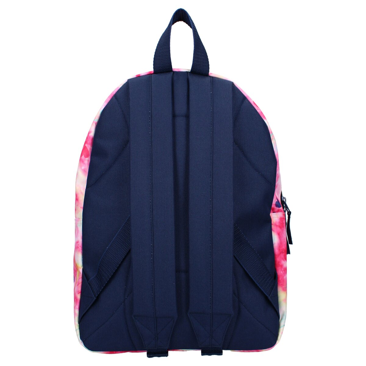 Rucksack, marineblauer Rücken, rosa und weißes Blumenmuster, marineblaue Träger.