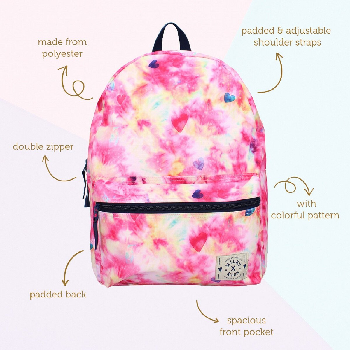 Rosa Rucksack mit Herzen und Text.