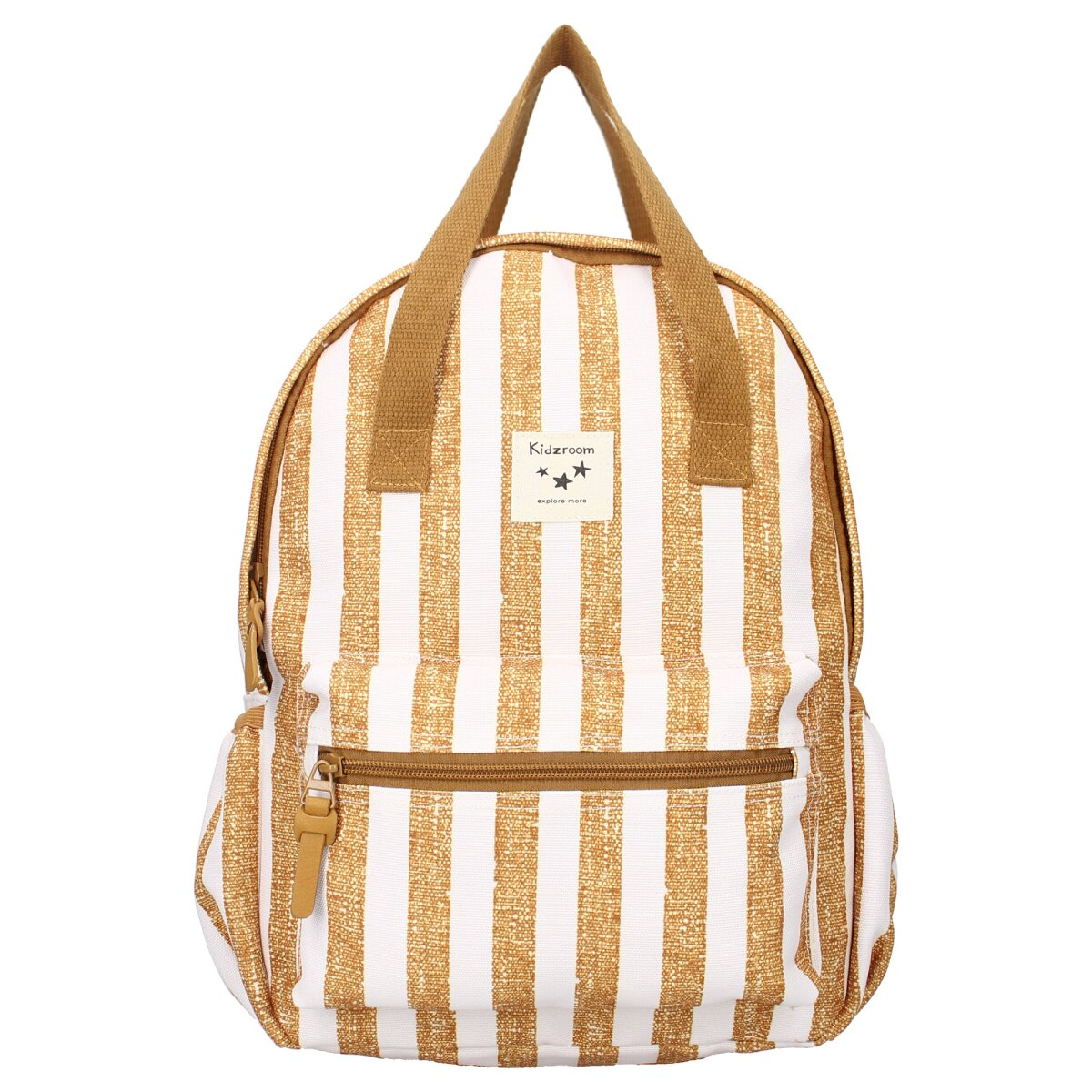 Gold-weiß gestreifter Rucksack mit braunen Trägern, Kidzroom-Logo und einer Vordertasche mit Reißverschluss.