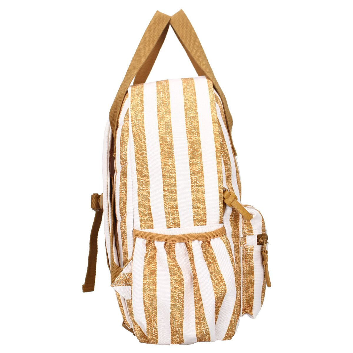 Rucksack mit weiß-goldenen Streifen, braunen Trägern und einer kleinen Tasche. Seitenansicht.
