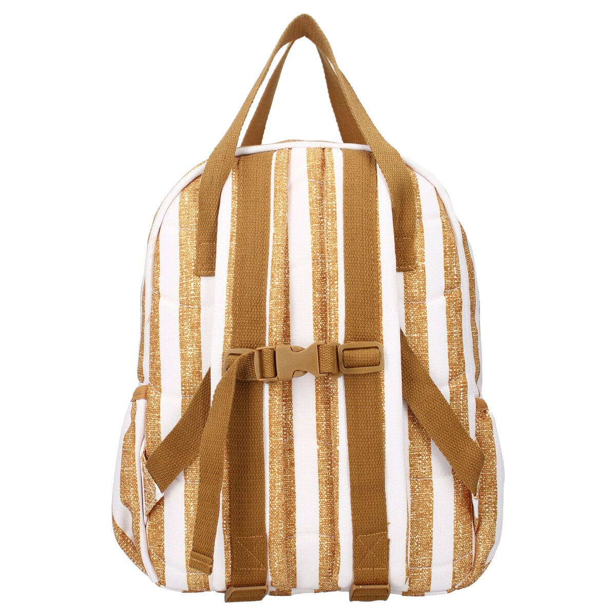 Rucksack mit vertikalen Gold- und Weißstreifen, braunen Riemen und einer Schnalle.
