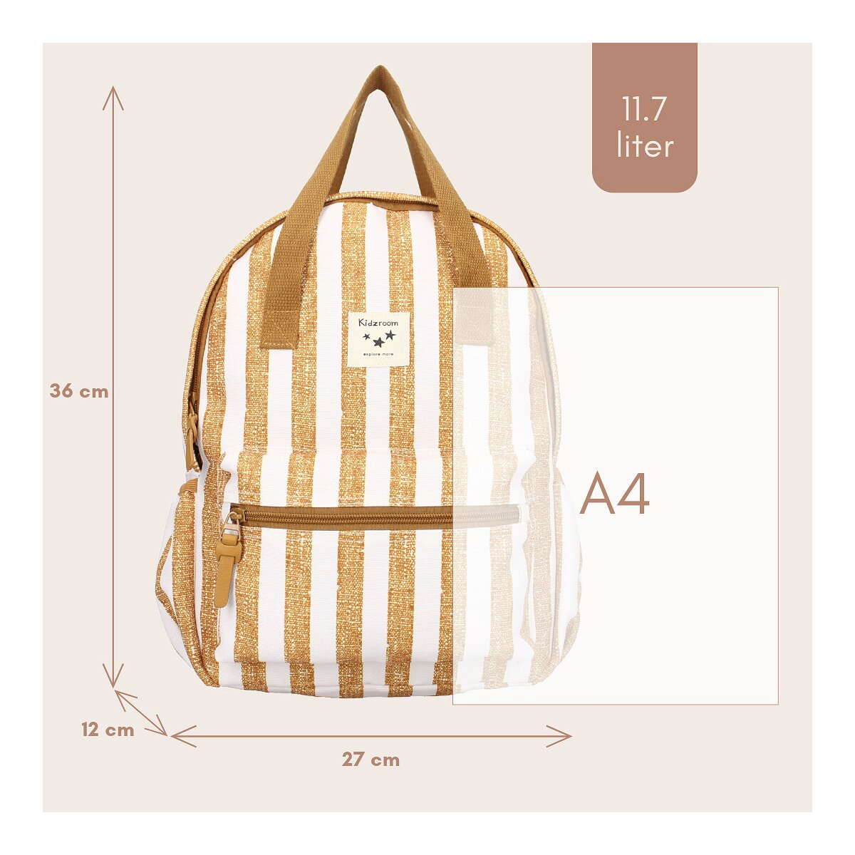 Rucksack mit vertikalen weißen und goldenen Streifen. Hat Maße und einen A4-Umriss.