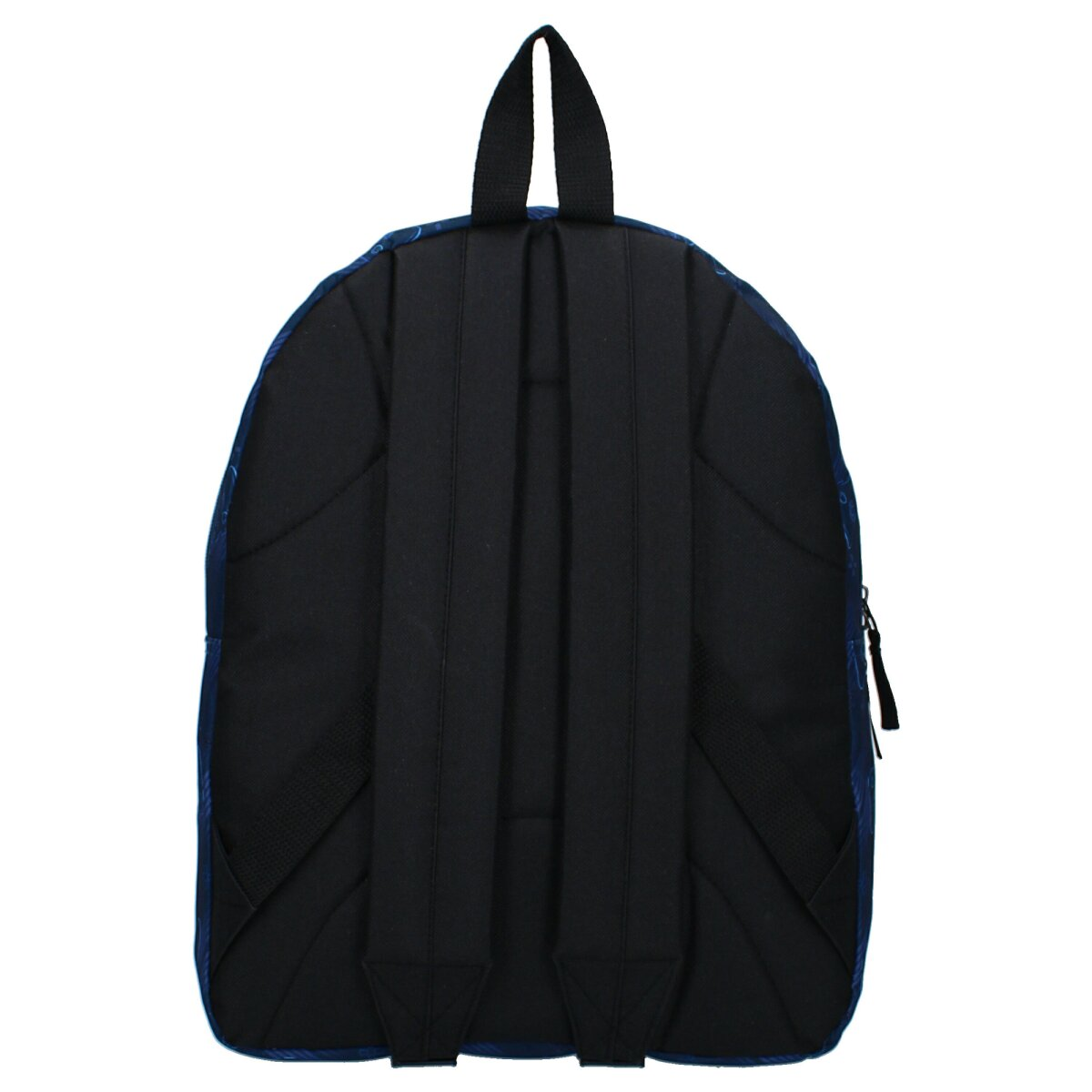 Rückseite eines blauen Rucksacks mit schwarzen Trägern und Reißverschluss. Weißer Hintergrund.