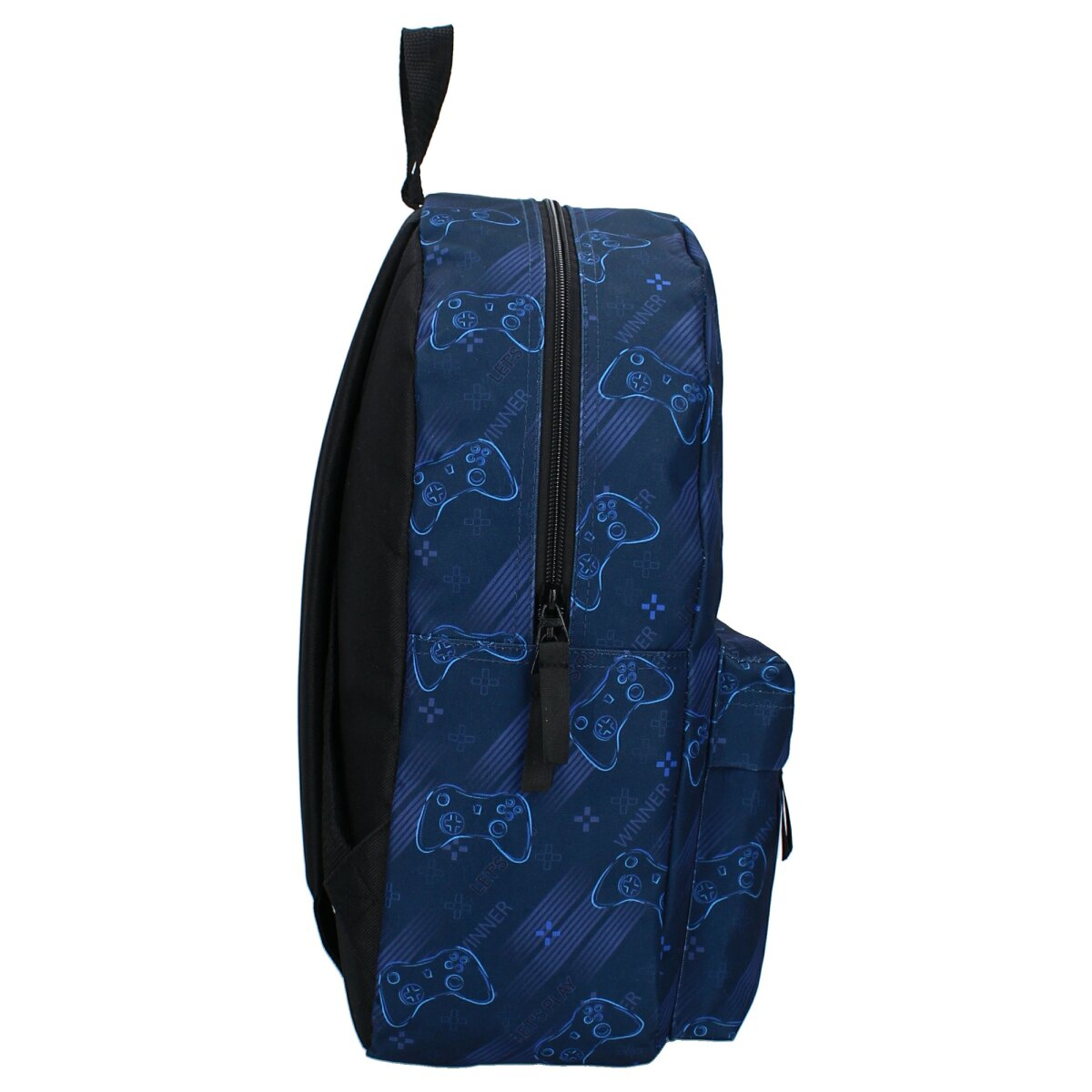 Blauer Rucksack mit einem Muster von Spielcontrollern. Seitenansicht.