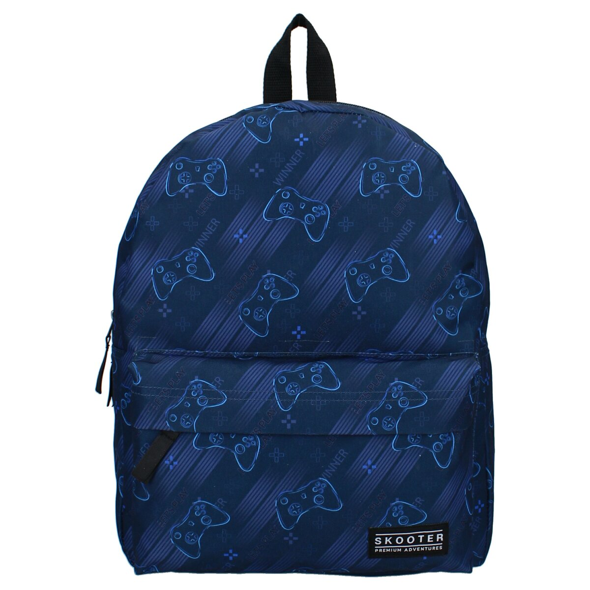 Blauer Rucksack mit einem Muster von Gamecontrollern. Der Rucksack hat eine Fronttasche und schwarze Träger.
