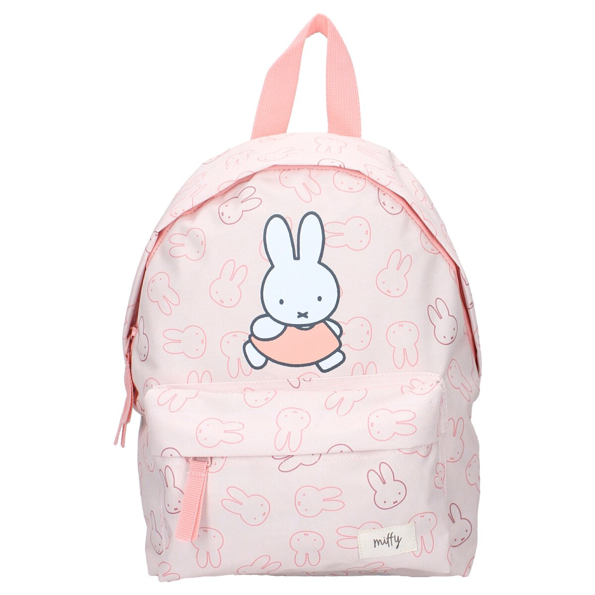 Ein rosa Rucksack mit Miffy-Hasen-Design. Rosa Hasenprints bedecken den Hintergrund.