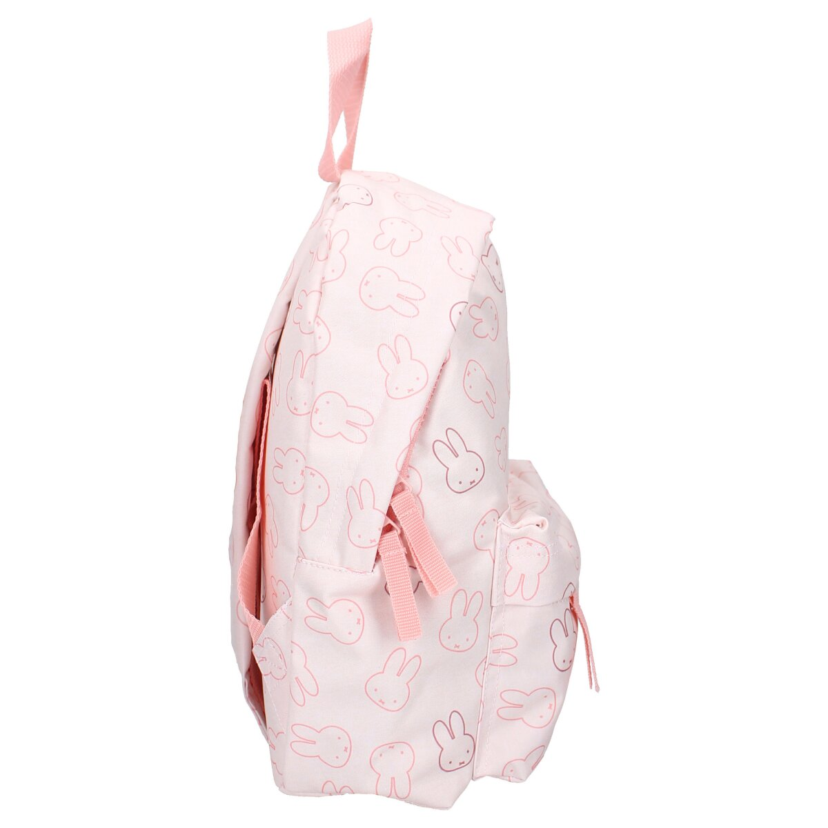 Rosa Rucksack mit sich wiederholenden weißen Cartoon-Hasengesichtern. Rosa Träger und Reißverschluss.