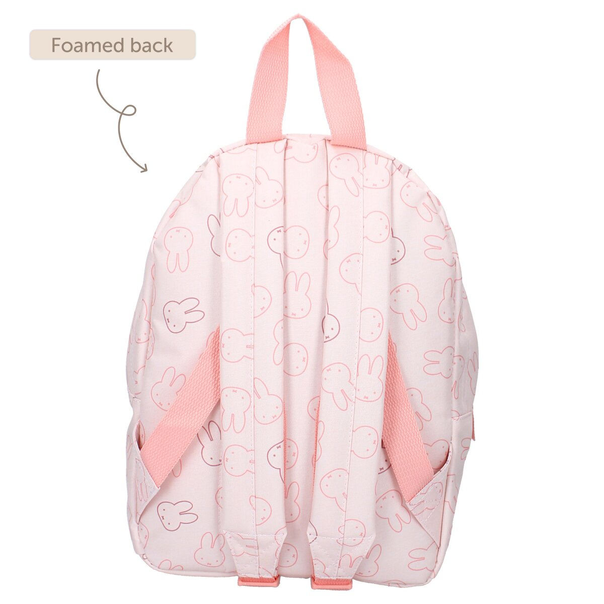 Ein rosa-weißer Hasenrucksack mit rosa Trägern, von hinten gesehen.