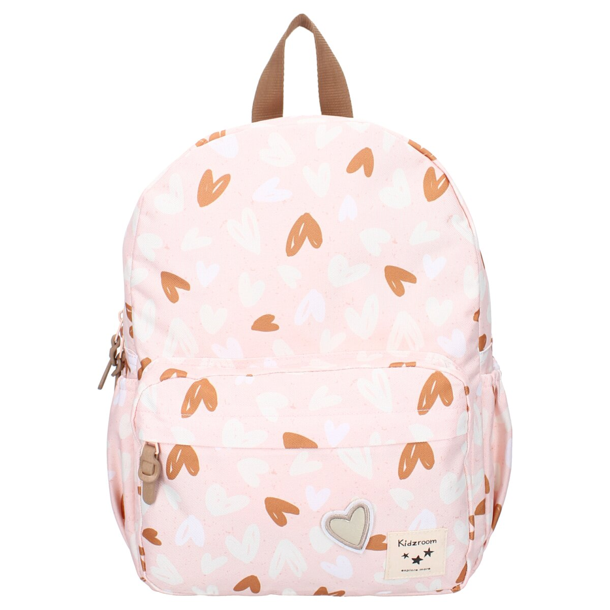 Rosa Rucksack mit Herzmuster und Vordertasche. Brauner Griff und Reißverschlussdetails.
