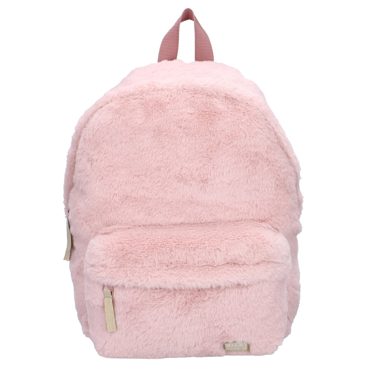 Rosa, flauschiger Rucksack mit Vordertasche und oberem Griff. Der Rucksack sieht weich aus.