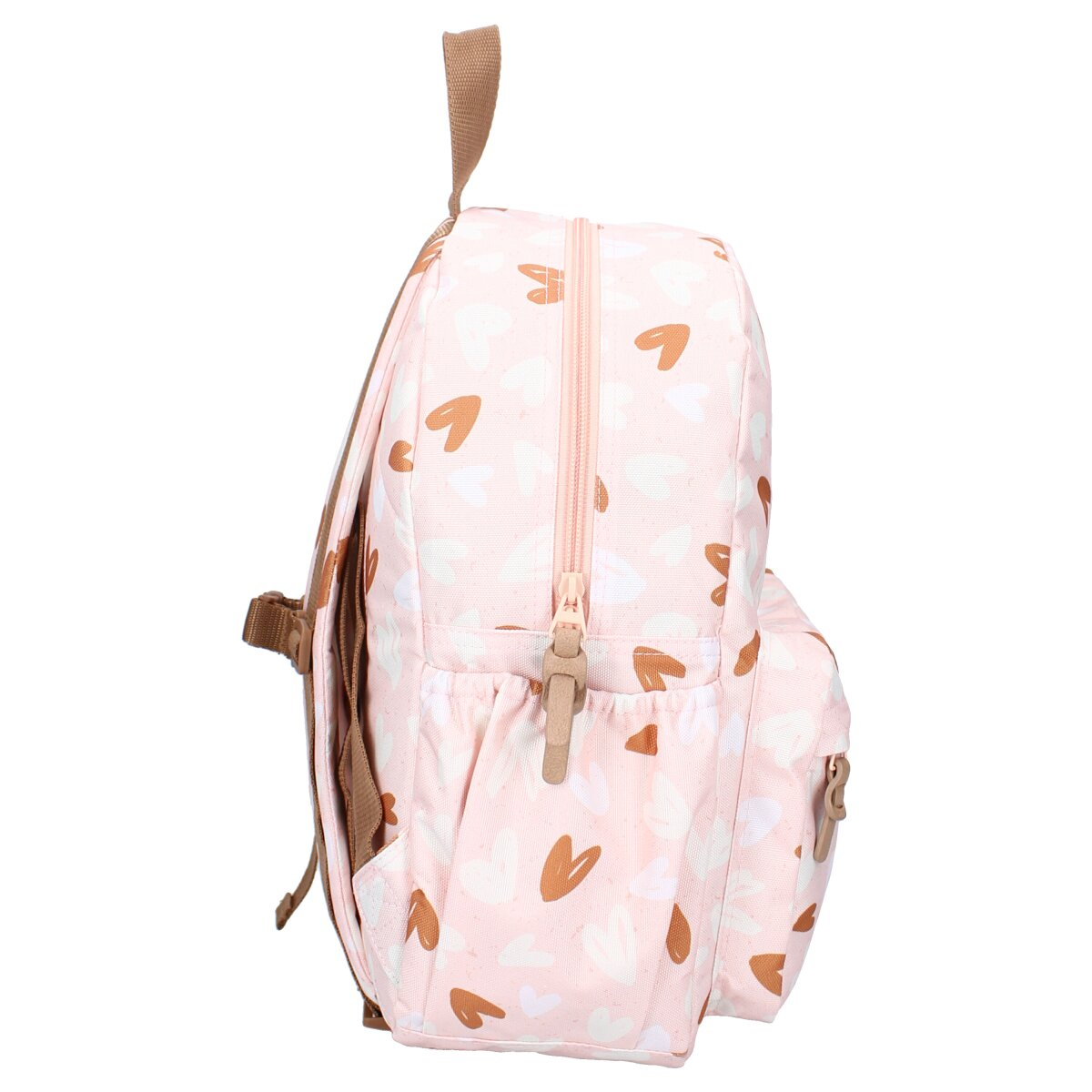 Ein rosa Rucksack mit Herzmuster.